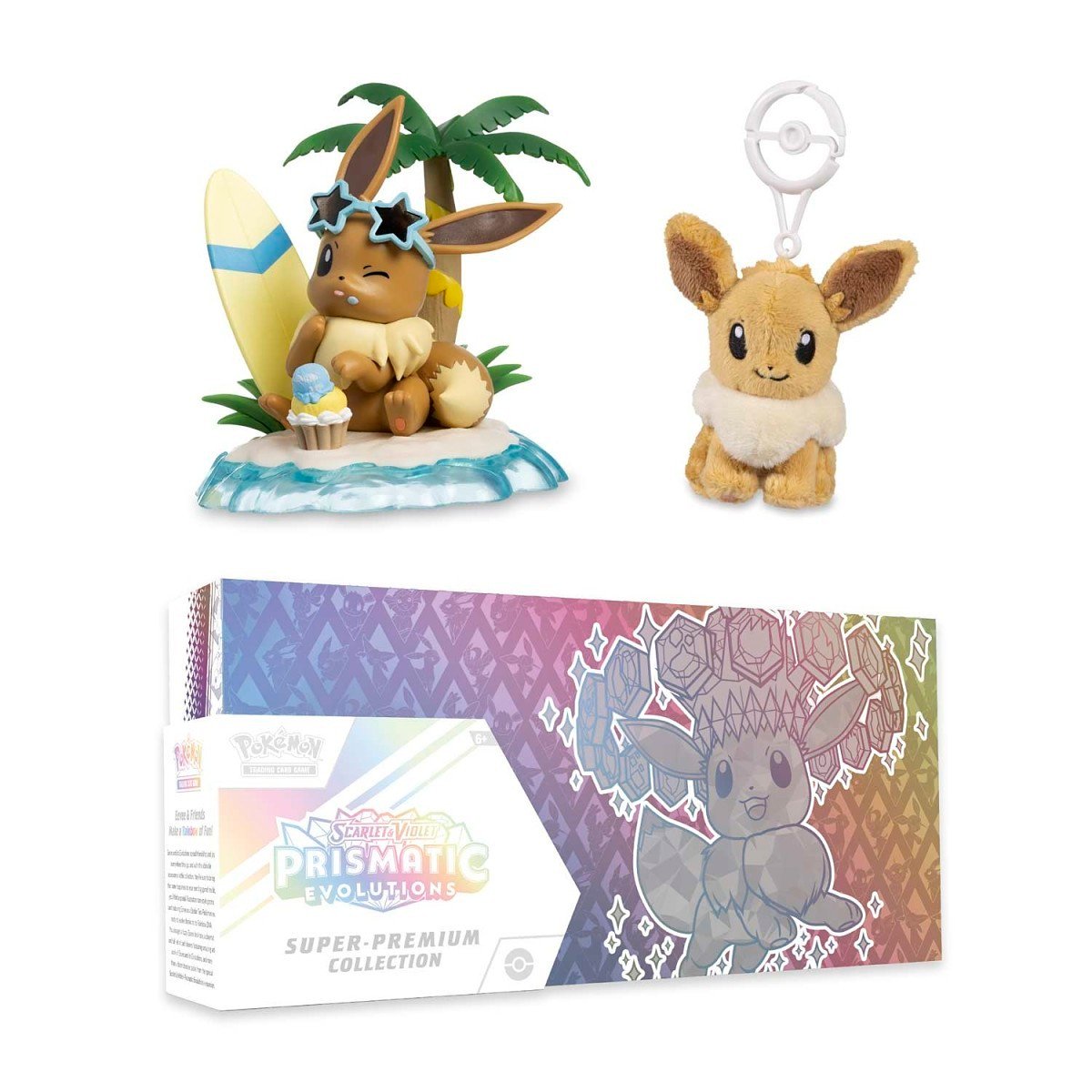 Prismatic Evolutions Super-Premium Collection, Eevee Figure & Eevee Plush Key Chain Bundle - pokemon cards